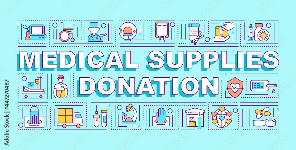 Medical supplies donation word concepts banner. Humanitarian aid. Infographics with linear icons on blue background. Isolated creative typography. Vector outline color illustration with text
