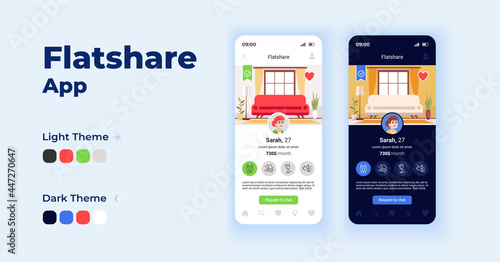 Flatshare app cartoon smartphone interface vector templates set. Mobile app screen page day and dark mode design. Finding room to rent UI for application. Phone display with flat character