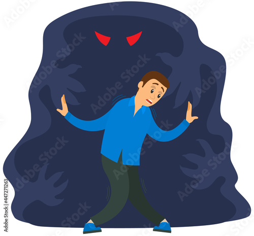 Fear of darkness concept. Man scared of spooky monster from nightmare. Person is afraid of ghost. Guy next to monster, ghost in dark isolated on white background. Nightmare, fear of dark, phobia