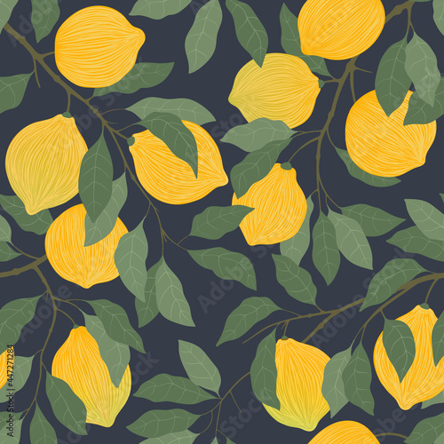 Demons at night. Lemon tree with fruits and leaves in the night twilight. Citrus fruits.  Seamless background.