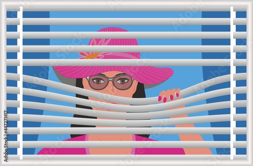 Curious woman looking out from window, behind blinds. Vector illustration. EPS10.