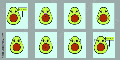Set of eight vector avocado stickers. Various emotions are depicted, love, anger, farewell, greetings, indifference, fear, sadness. Great print for dishes and clothes. 