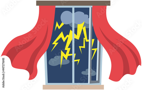 Thunderstorms and window in rainy season. Curtains are blown away by strong wind. Windy weather, rain, thunder, lightning outside window. View of rainy bad weather, thunderstorm vector illustration