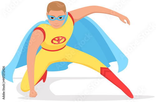 Strong super man smiles and flies to save world stretched out his hand. Brave character in superhero costume with cloak on white background. Cartoon person hurries to protects people from villains