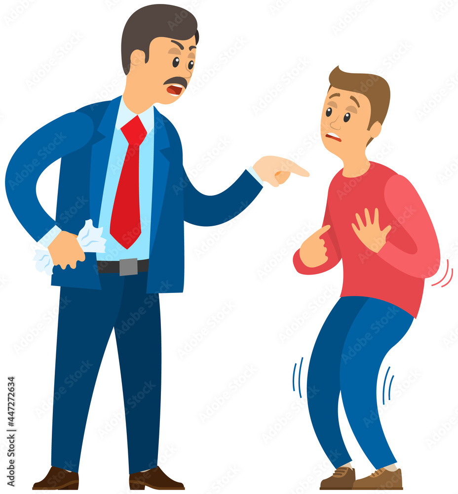 Angry boss shouting to employee. Conflict in office between chief and worker, stressed subordinate. Director scolds scared worker because of mistake problems at work scandal man feels fear of his boss Angry boss shouting to employee. Conflict in office between chief and worker, stressed subordinate. Director scolds scared worker because of mistake problems at work scandal man feels fear of his boss