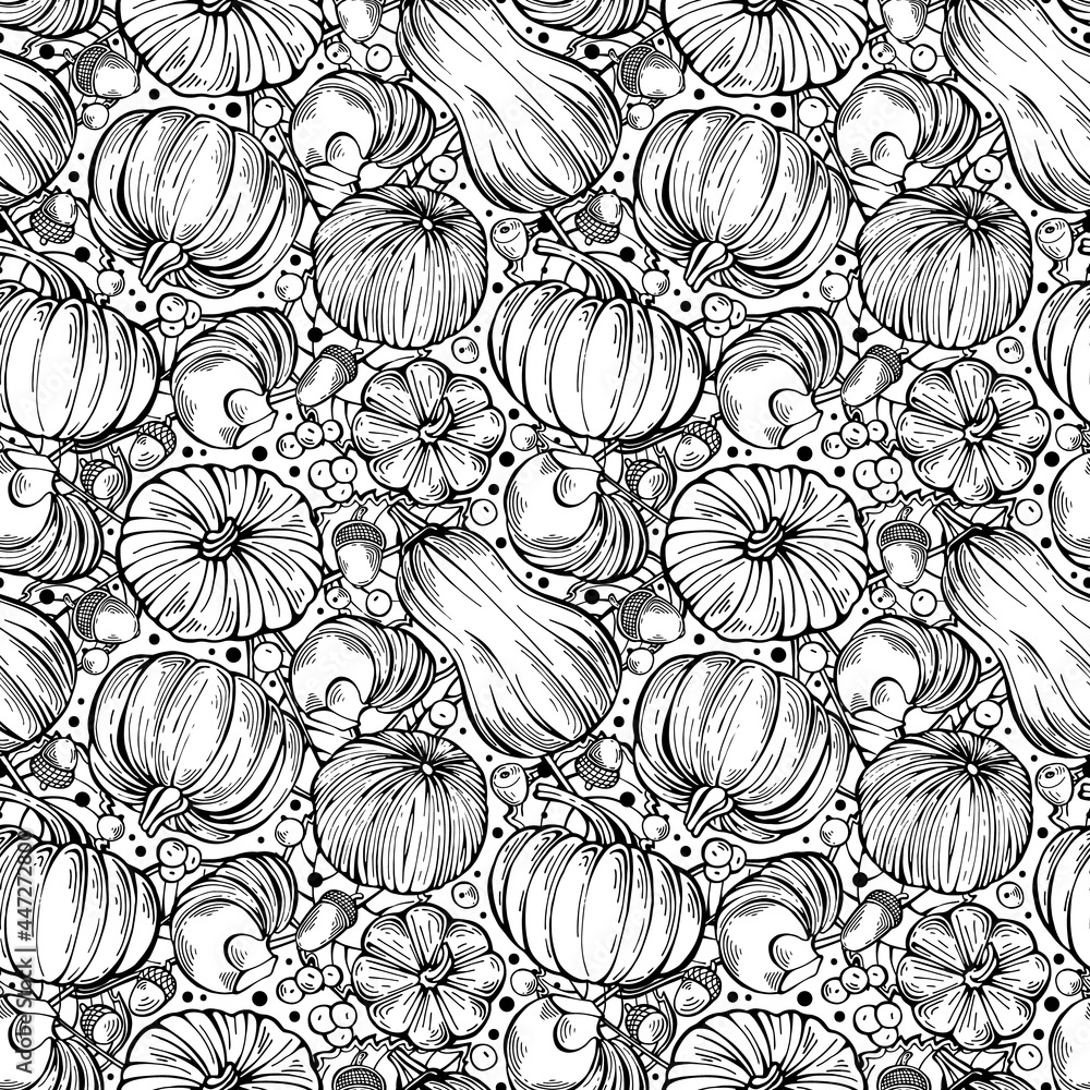 Hand-drawn black and white seamless pattern with rowan berries, pumpkins, acorns and leaves. Can be used for gift paper, textile, autumn greeting cards, wallpaper, pattern fill. Creative illustration Hand-drawn black and white seamless pattern with rowan berries, pumpkins, acorns and leaves. Can be used for gift paper, textile, autumn greeting cards, wallpaper, pattern fill. Creative illustration