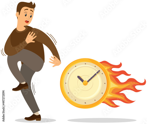 Deadline business concept, time management, fear of being late. Businessman is afraid of time. Scared man standing near burning clock jumping in hurry running away in awe isolated on white background