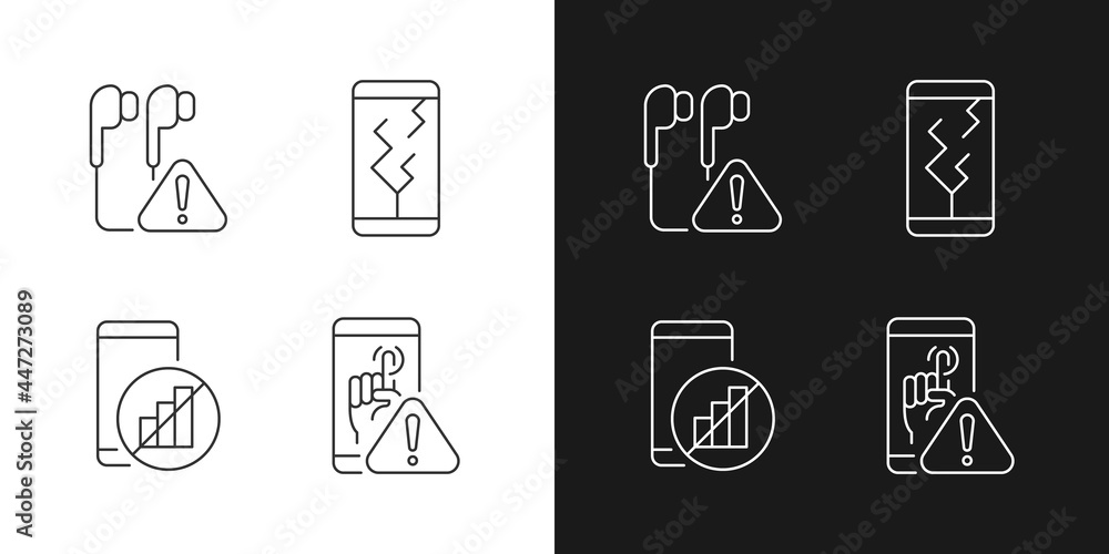 Smartphone breakdowns linear icons set for dark and light mode