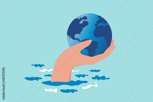 Save the world from climate change and global warming problem, protect our planet from melting ice flood or disaster concept, hand tendering holding world or globe above climate flood ocean.