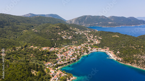 Aerial view of the port of the Kioni village in Ithaca during the pandemic summer of 2020