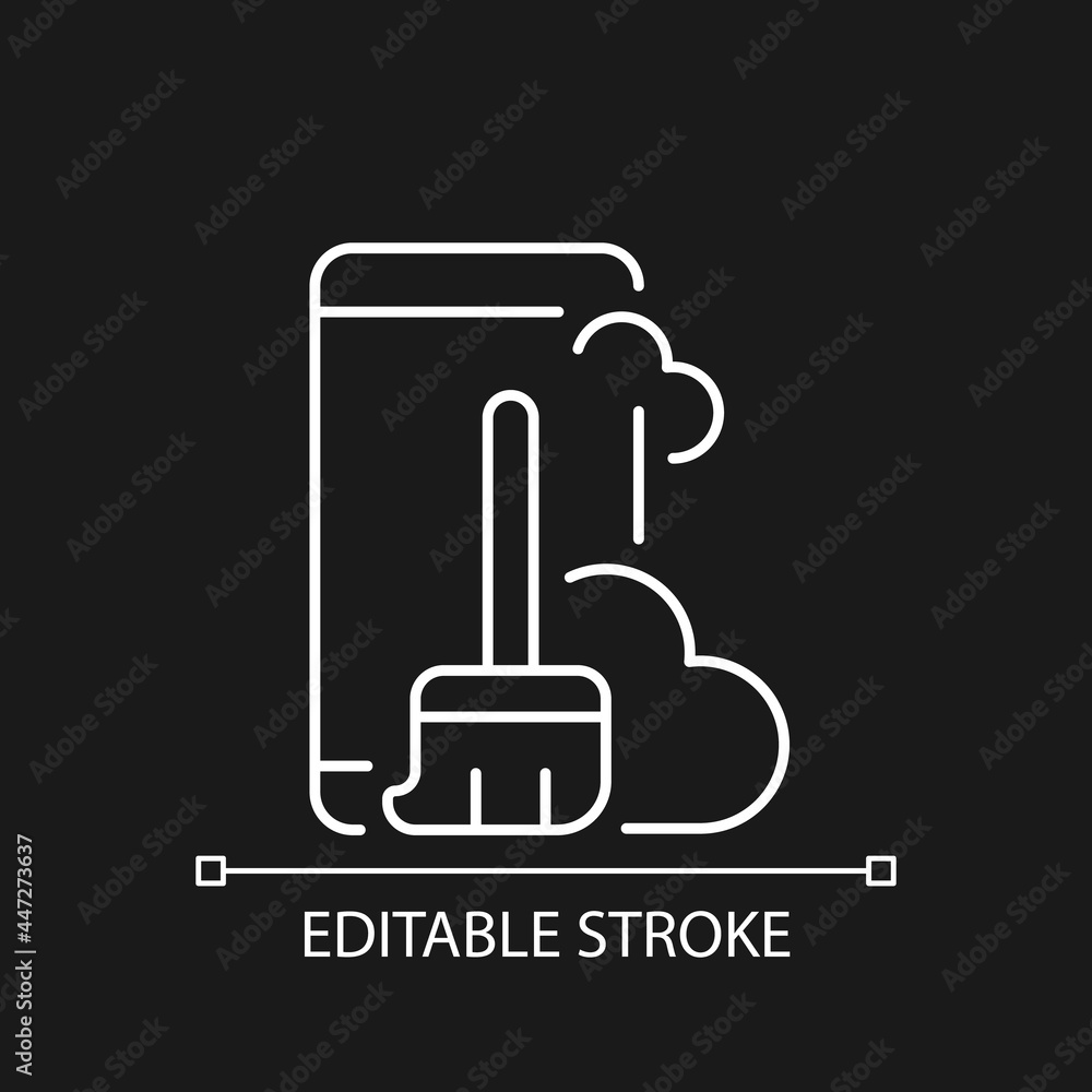 Fototapeta premium Dust and dirt inside the phone white linear icon for dark theme. Smartphone and broom. Remove dust. Thin line customizable illustration. Isolated vector contour symbol for night mode. Editable stroke