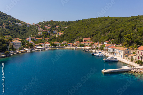 Fototapeta Naklejka Na Ścianę i Meble -  Aerial view of the port of the Kioni village in Ithaca during the pandemic summer of 2020
