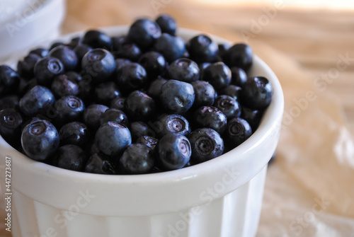 Set of delicious blueberries in a white bowl.