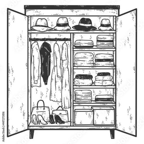 Open wardrobe with thingswith things. Sketch scratch board imitation coloring. photo