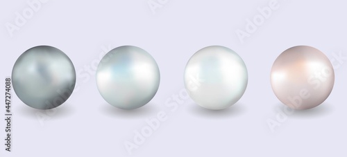 Realistic 3D pearls. A set of rounded pearlescent, shiny jewelry. Isolated objects with shadow. Round glossy gemstones with a glare. Vector illustration.