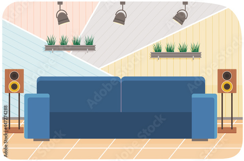 Arrangement of furniture in workplace of interviewer. Furniture elements and decorations of interior vector illustration. Interior design of room for interviews, broadcasts, podcasts in studio