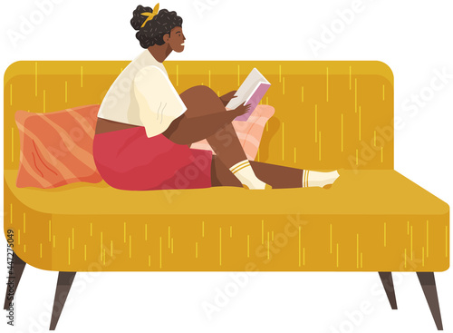Girl sits at home and reads. Woman with book in her hands spending time in apartment. Female character is reading and resting after work. Sits on couch and studies book. Leisure, pastime at home