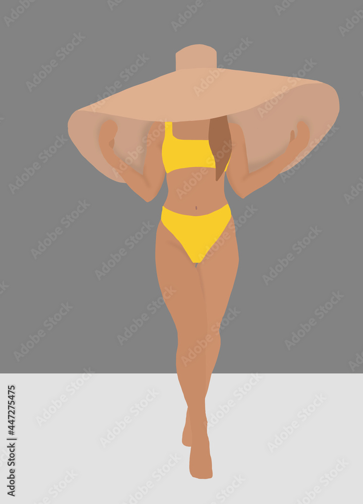 Illustration of a woman wearing a yellow bikini while she is wearing a  giant hat that covers her whole face. Summer 2021 concept.  Stock-Illustration | Adobe Stock