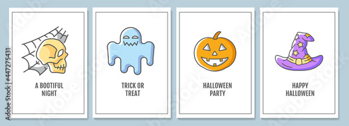 Halloween celebration greeting cards with color icon element set. Spooky night. Postcard vector design. Decorative flyer with creative illustration. Notecard with congratulatory message