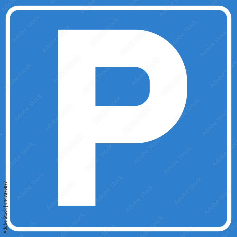 Parking sign vector illustration icon. White letter P on blue background representing parking for cars Parking sign vector illustration icon. White letter P on blue background representing parking for cars