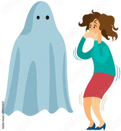 Woman scared of spooky monster. Person is afraid of ghost. Girl tries not to scream at sight of monster, ghost in sheet. Frightened female character is looking at flying phantom in white sheet