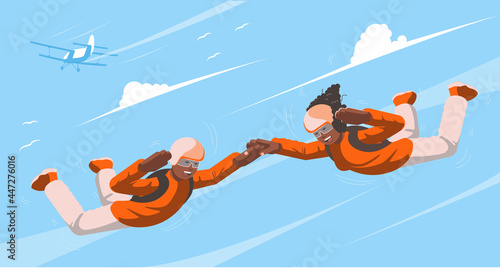 Parachutists soar in the sky. Skydiving. View of a couple flying in the sky. In the background a receding airplane. Vector flat design illustration.