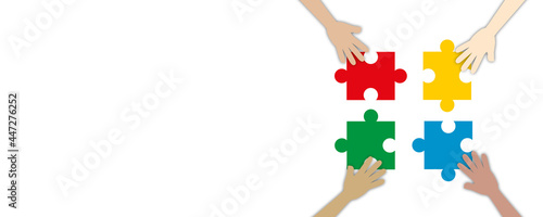Group of business people assembling jigsaw puzzle, Teamwork or unity concept, paper cut design style.