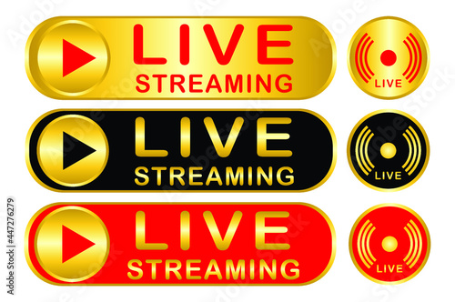 Live streaming icon set. Gold, Black and Red colour, signs of live streaming, broadcasting, online video, media social symbol. vector eps10