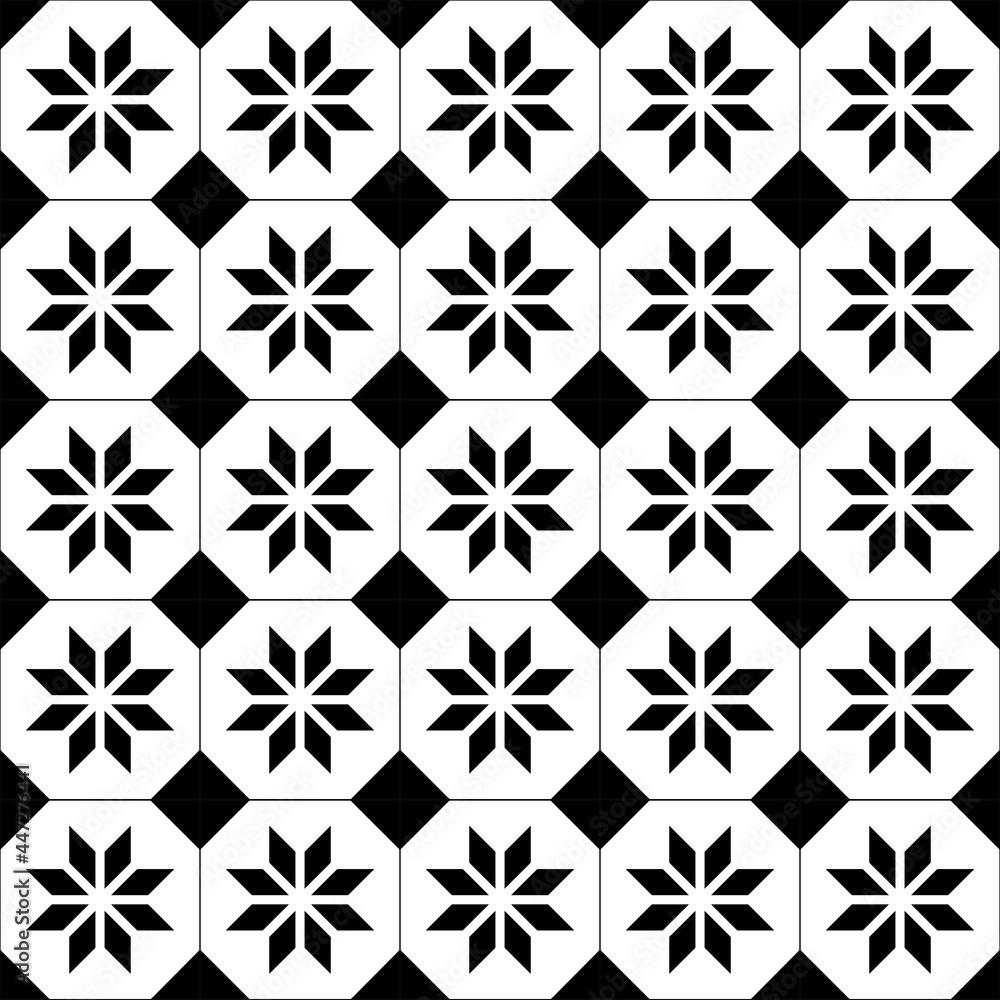 Seamless vector repeat pattern. Black and white geometric tiles. Diamond flower and diamond design. Architectural swatch or surface ideal for kitchen or bathroom. Seamless vector repeat pattern. Black and white geometric tiles. Diamond flower and diamond design. Architectural swatch or surface ideal for kitchen or bathroom.