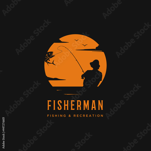 fishing logo silhouette illustration at sunset design. Angler fisherman logo vector
