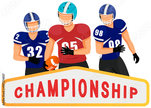 Running american football players cartoon vector sports characters in uniforms and helmets. Game competition and rivalry on field. Professional athletes exercising before championship match at stadium