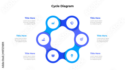 Cycle metaball diagram with six options or steps. Slide for business presentation. Circle abstract element divided into 6 parts