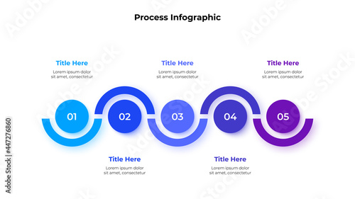 Five circles arranged in a row. Concept of 5 steps of business development process. Abstract infographic presentation