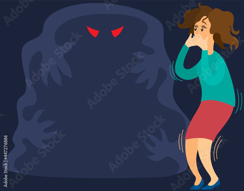 Fear of darkness concept. Woman scared of spooky monster from nightmare. Person is afraid of ghost. Girl tries not to scream at sight of monster, ghost in dark. Nightmare, fear of dark, phobia