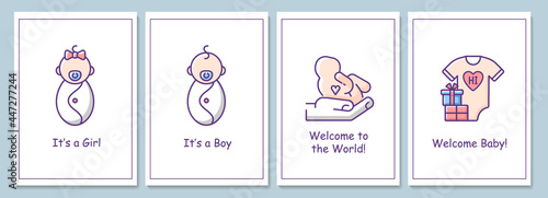 Welcome party for newborn baby greeting cards with color icon element set. Gender reveal. Postcard vector design. Decorative flyer with creative illustration. Notecard with congratulatory message