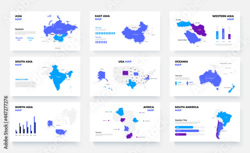 Vector maps country infographics set. Slides presentation templates with flags. Asia, USA, Oceania and Africa