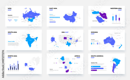 Vector maps country infographics set. Slides presentation templates with flags. Asia, USA, Oceania and Africa photo