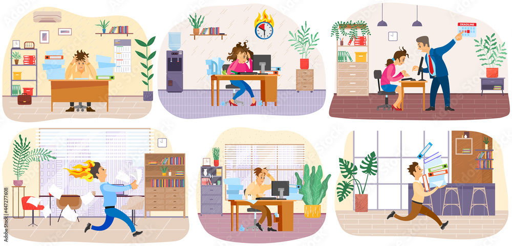 Set of illustrations about office workers hurrying up with assignments. Stressed employees working. People run, rush, do paperwork to deal with deadline. Chaos and bustle in office due to deadlines