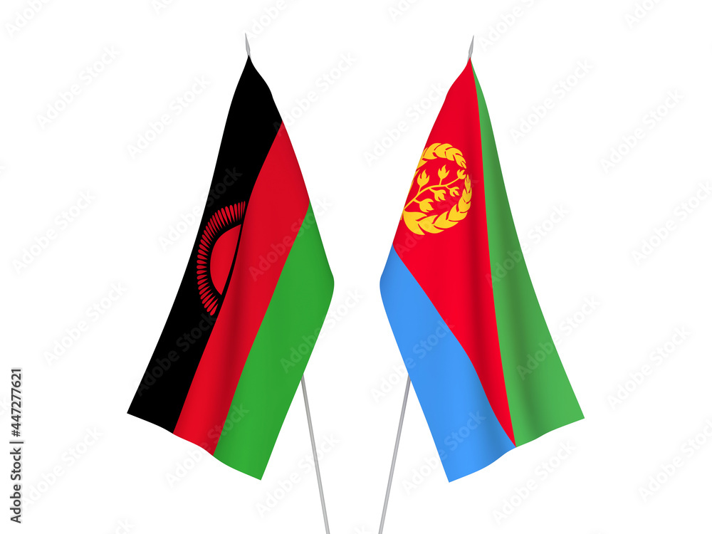 National fabric flags of Eritrea and Malawi isolated on white background. 3d rendering illustration.