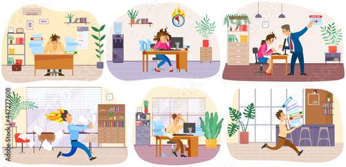 Set of illustrations about office workers hurrying up with assignments. Stressed employees working. People run, rush, do paperwork to deal with deadline. Chaos and bustle in office due to deadlines