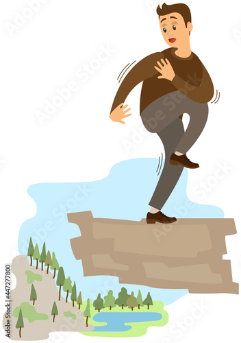 Man suffering from fear of of heights. Person is scared of abyss below. Male character fearfully looks at something. Fear of heights, phobia, horror. Frightened guy on rock suffers from acrophobia