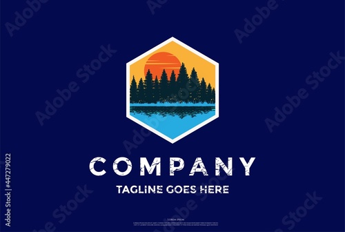 Sunset Sunrise Pine Evergreen Fir Hemlock Spruce Conifer Cedar Coniferous Cypress Larch Trees Forest Creek River Lake Badge Logo Design Vector