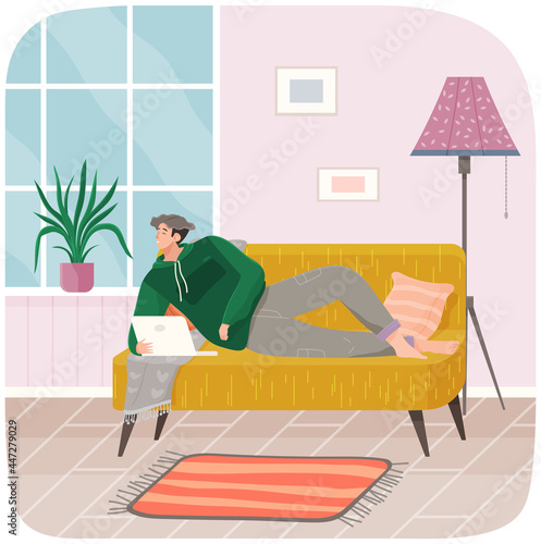 Man lying on couch with computer, holding laptop and correspondence surfing in Internet. Male character communicating with friends, studying remotely, sitting on sofa, relaxing, resting after work