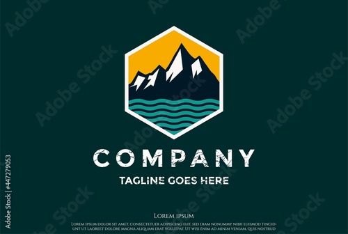 Ice Snow Mountain Hill Creek River for Adventure Badge Logo Design Vector