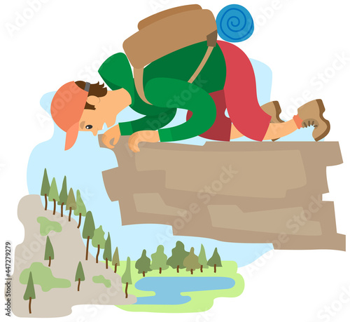 Man suffering from fear of of heights. Person is scared of being on high rock. Male character fearfully looks at abyss below. Fear of heights, phobia, horror. Frightened guy suffers from acrophobia