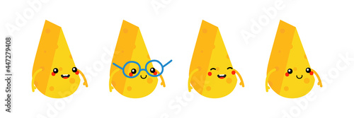 Cute and smiling cartoon style cheese chunks, dairy products characters vector icons, illustration.
