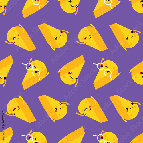 Cute and funny cartoon style cheese chunks, dairy products characters vector seamless pattern background.
