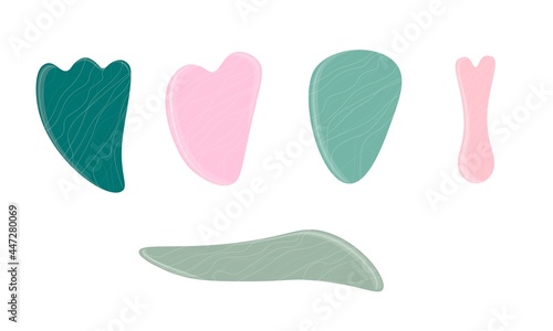 Gua Sha massage. Jade Stone Take care of your face. Preservation of youth. Facial skin care, youth and beauty.A set of tools
Vector illustration.