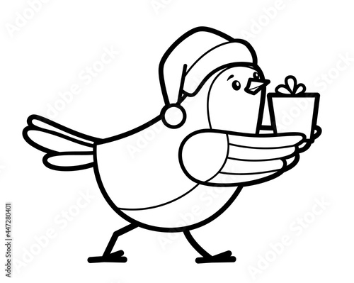 Christmas coloring book or page. Christmas Bird black and white vector illustration
