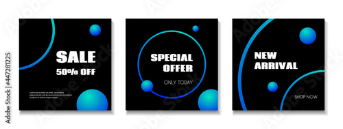 Abstract vector templates for instagram posts. Sale banners for online social media store. Dark minimal backgrounds with blue cosmic circles